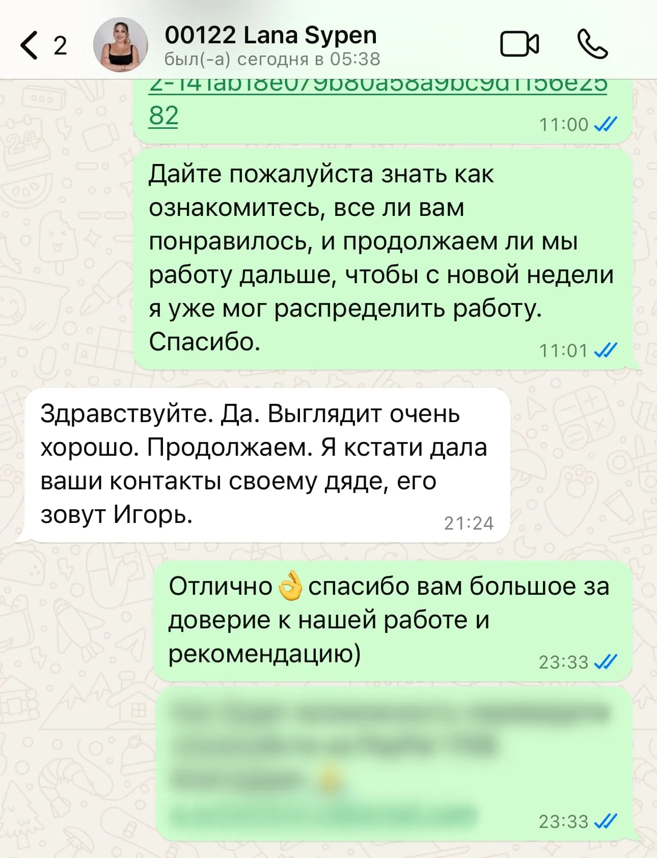 Скриншот переписки с Lana Sypen о результатах Google Business Profile