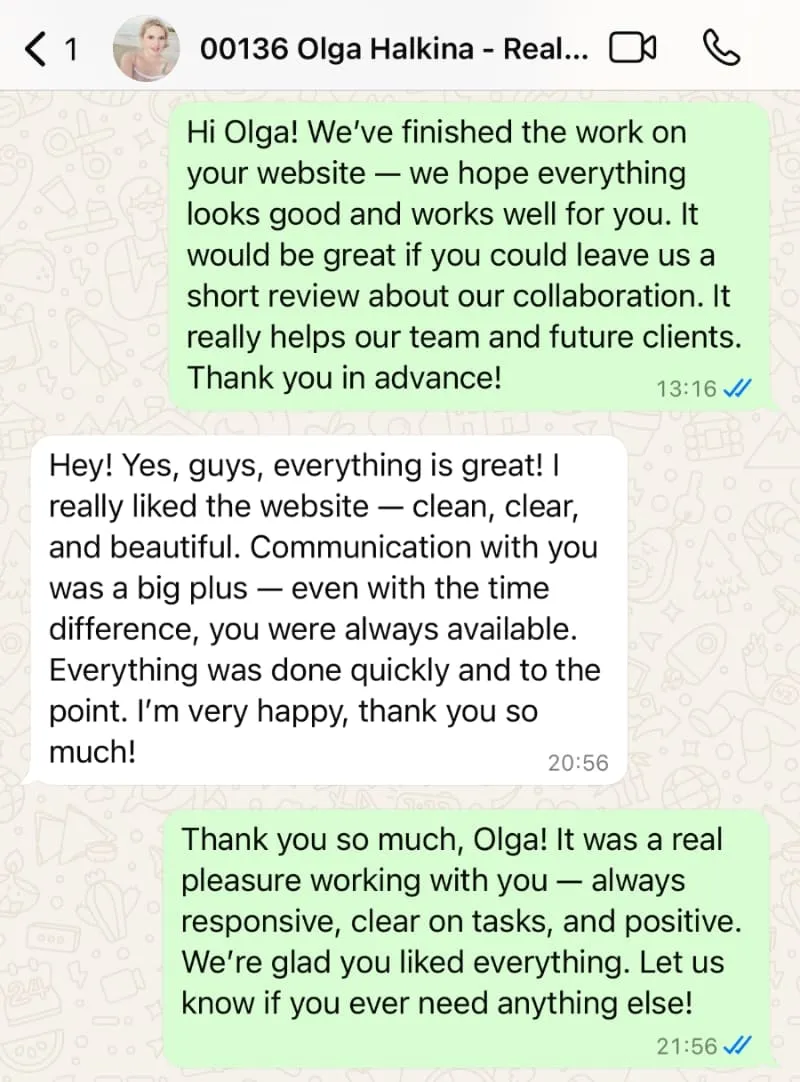 Screenshot from WhatsApp conversation with Olga Halkina