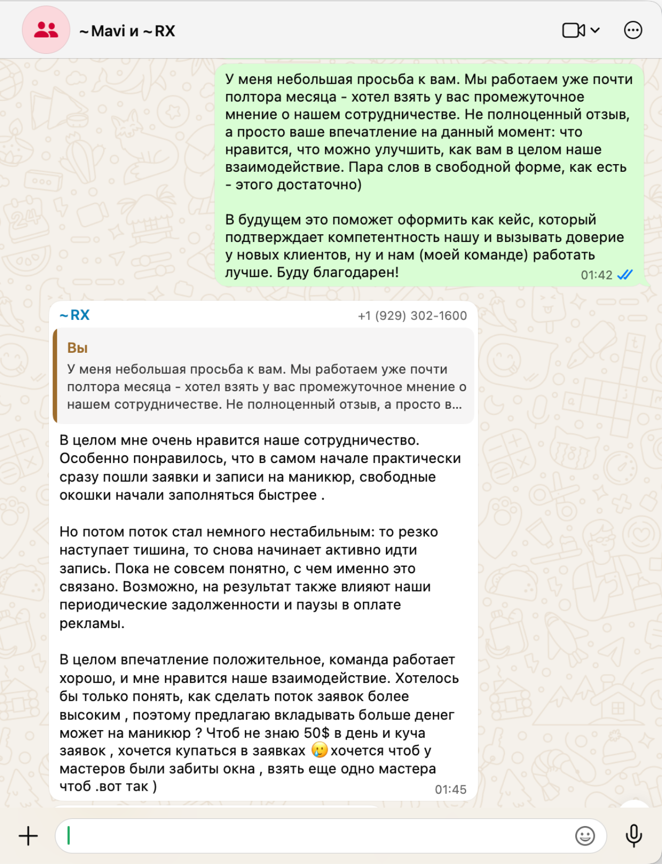 Скриншот переписки с владельцем Ray Beauty